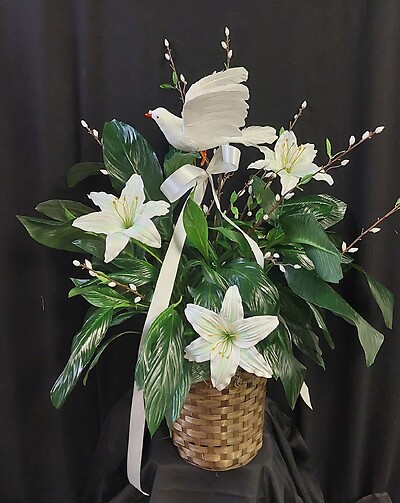 AF Peace Lily With Silk Lilies, Pussy Willow and Dove