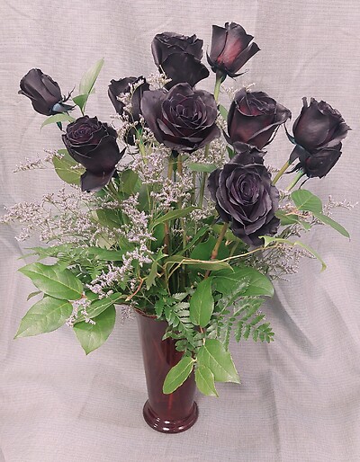 AF Black Roses in Red Vase
