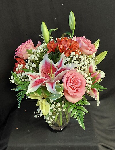 Rose and Lily Mix Vased Arrangement in Crackle Vase