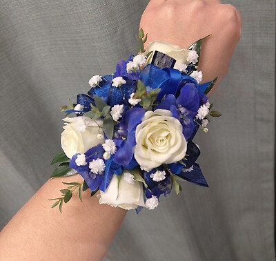 AF White Sweetheart and Blue Dalphi Wrist Corsage
