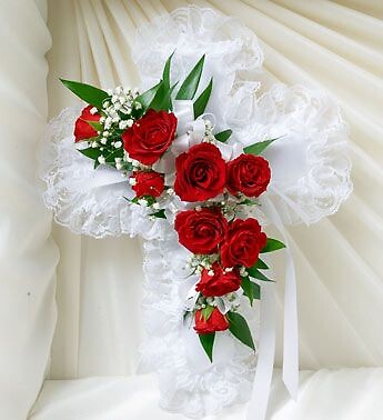 Cross Pillow with Red Sweetheart Roses