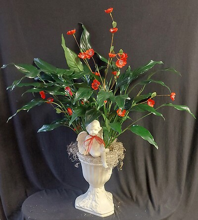 AF Pedestal Peace Lily with Angel and Silks