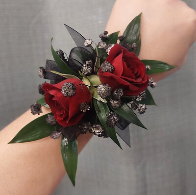 AF Double Red Sweetheart Wrist Corsage with Black Bow and Black Baby's breath