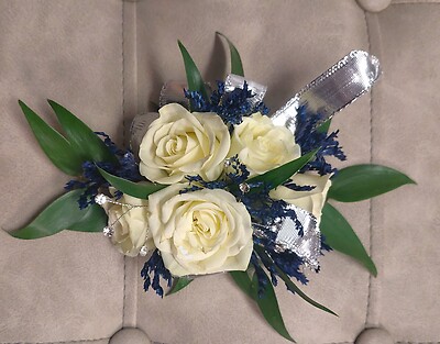 Navy and White Wrist Corsage With Gems