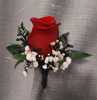 AF Large Red Rose with Baby's Breath, Black Caspia and Black Stem Wrap