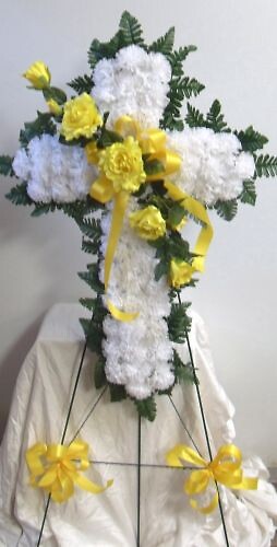 Covered Carnation Cross with Yellow Roses