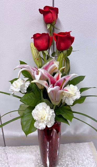 AF Red Roses and Lily Bouquet in Red Vase