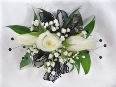 Arnold Florist Black and White Sparkle Wrist Corsage