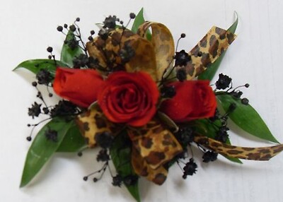 AF Leopard Print Wrist Corsage with Red Roses