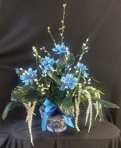 AF Peace Lily with Silks in Chinoiserie Planter