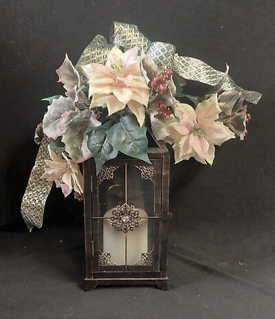 AF Pink and Ivory Poinsettia Decorated Lantern