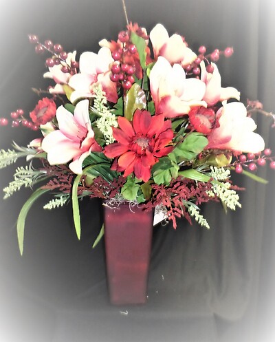Red Vase of Permanent Flowers