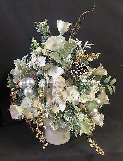 AF Silk Angel Christmas Arrangement in White Ceramic