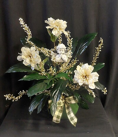 AF Potted Peace Lily In Green Ceramic With Silks And Angel
