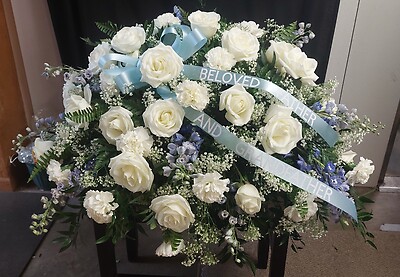 AF White and Light Blue Casket Spray