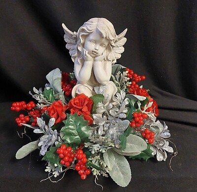 AF Angel in Silk Winter Greens, Red Spray Roses and Berries