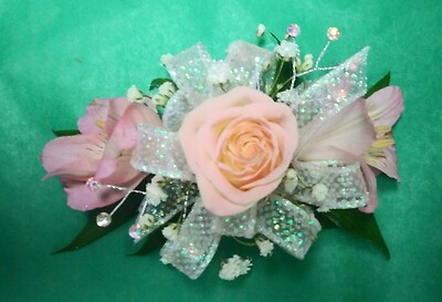 AF pink iridescent sparkle corsage with rhinestones